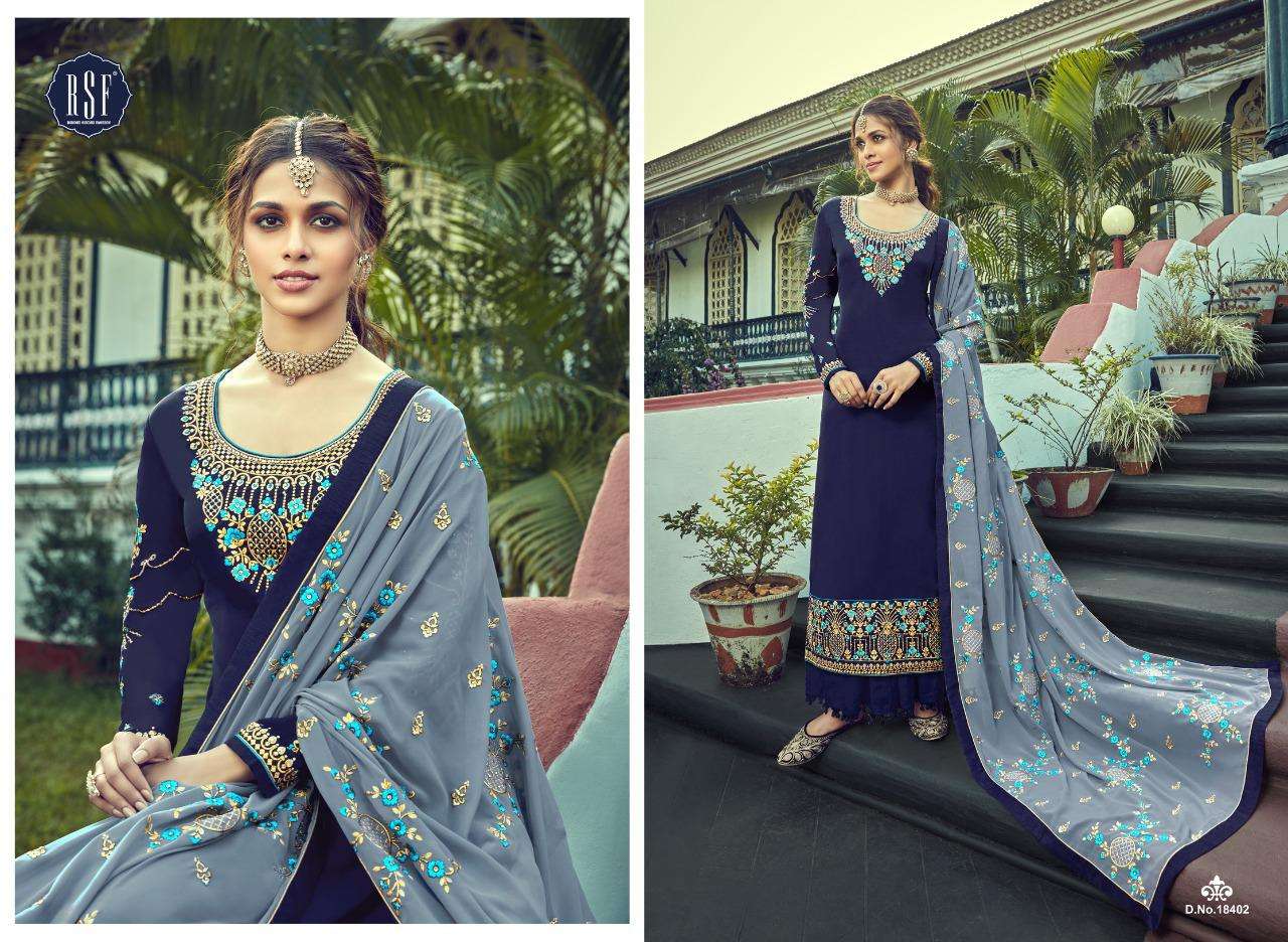 OZAS BY RIDDHI SIDDHI FASHION 18401 TO 18406 SERIES BEAUTIFUL STYLISH SHARARA SUITS FANCY COLORFUL CASUAL WEAR & ETHNIC WEAR & READY TO WEAR PURE SATIN GEORGETTE EMBROIDERED DRESSES AT WHOLESALE PRICE