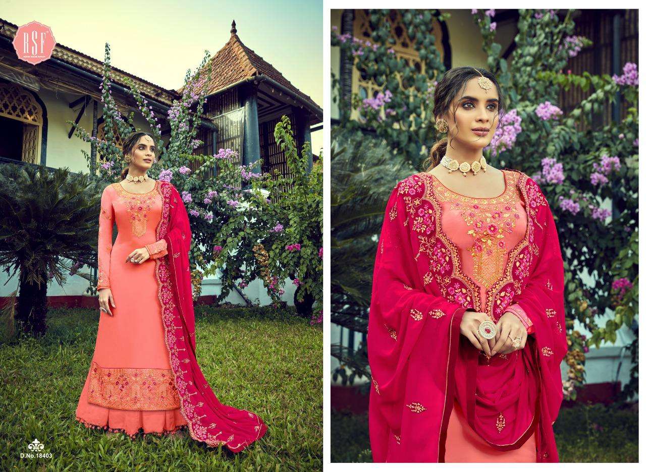 OZAS BY RIDDHI SIDDHI FASHION 18401 TO 18406 SERIES BEAUTIFUL STYLISH SHARARA SUITS FANCY COLORFUL CASUAL WEAR & ETHNIC WEAR & READY TO WEAR PURE SATIN GEORGETTE EMBROIDERED DRESSES AT WHOLESALE PRICE