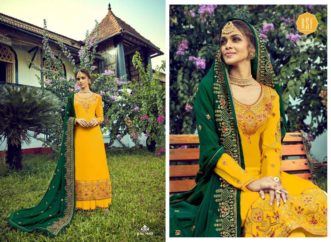 OZAS BY RIDDHI SIDDHI FASHION 18401 TO 18406 SERIES BEAUTIFUL STYLISH SHARARA SUITS FANCY COLORFUL CASUAL WEAR & ETHNIC WEAR & READY TO WEAR PURE SATIN GEORGETTE EMBROIDERED DRESSES AT WHOLESALE PRICE