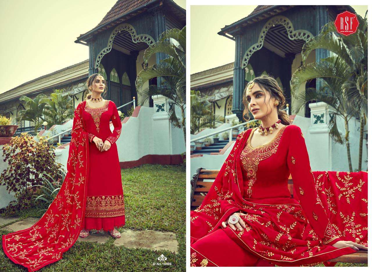 OZAS BY RIDDHI SIDDHI FASHION 18401 TO 18406 SERIES BEAUTIFUL STYLISH SHARARA SUITS FANCY COLORFUL CASUAL WEAR & ETHNIC WEAR & READY TO WEAR PURE SATIN GEORGETTE EMBROIDERED DRESSES AT WHOLESALE PRICE