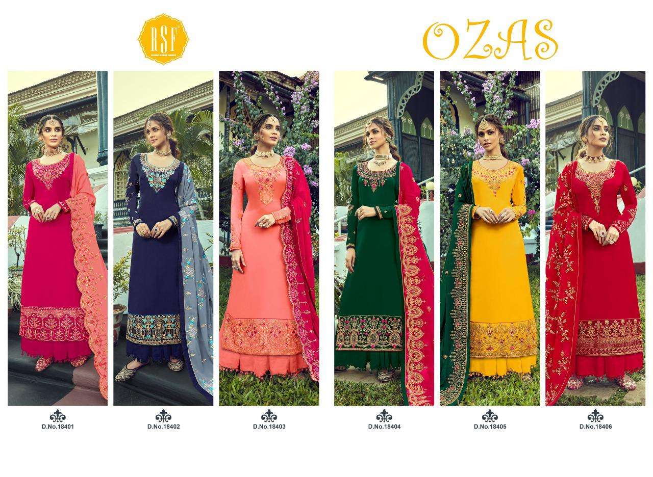 OZAS BY RIDDHI SIDDHI FASHION 18401 TO 18406 SERIES BEAUTIFUL STYLISH SHARARA SUITS FANCY COLORFUL CASUAL WEAR & ETHNIC WEAR & READY TO WEAR PURE SATIN GEORGETTE EMBROIDERED DRESSES AT WHOLESALE PRICE