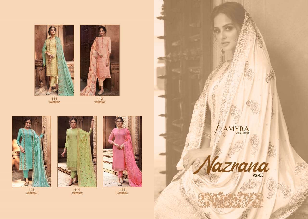 Nazrana Vol-3 By Amyra Designer 111 To 115 Series Beautiful Suits Colorful Stylish Fancy Casual Wear & Ethnic Wear Pure Viscose Chinnon Embroidered Dresses At Wholesale Price