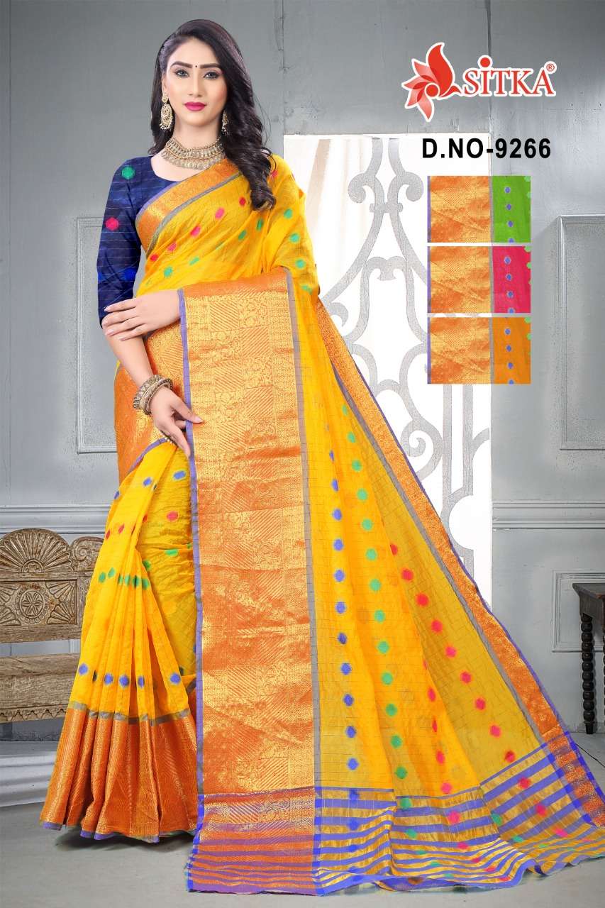 SPLENDID-9266 BY SITKA 9266-A TO 9266-D SERIES INDIAN TRADITIONAL WEAR COLLECTION BEAUTIFUL STYLISH FANCY COLORFUL PARTY WEAR & OCCASIONAL WEAR HANDLOOM COTTON SILK SAREES AT WHOLESALE PRICE