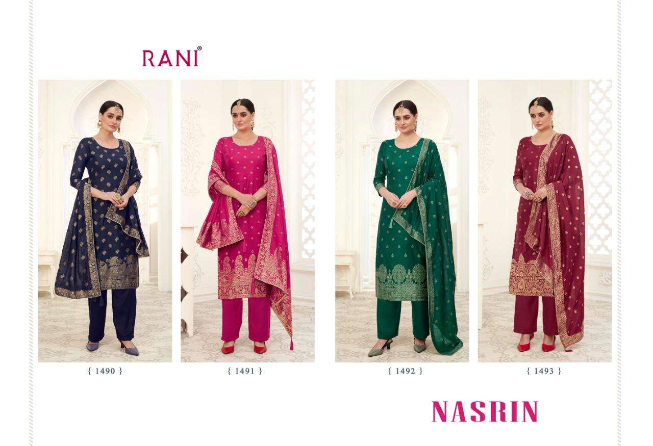 NASRIN BY RANI TRENDZ 1490 TO 1493 SERIES BEAUTIFUL STYLISH SUITS FANCY COLORFUL CASUAL WEAR & ETHNIC WEAR & READY TO WEAR HEAVY MODAL DRESSES AT WHOLESALE PRICE