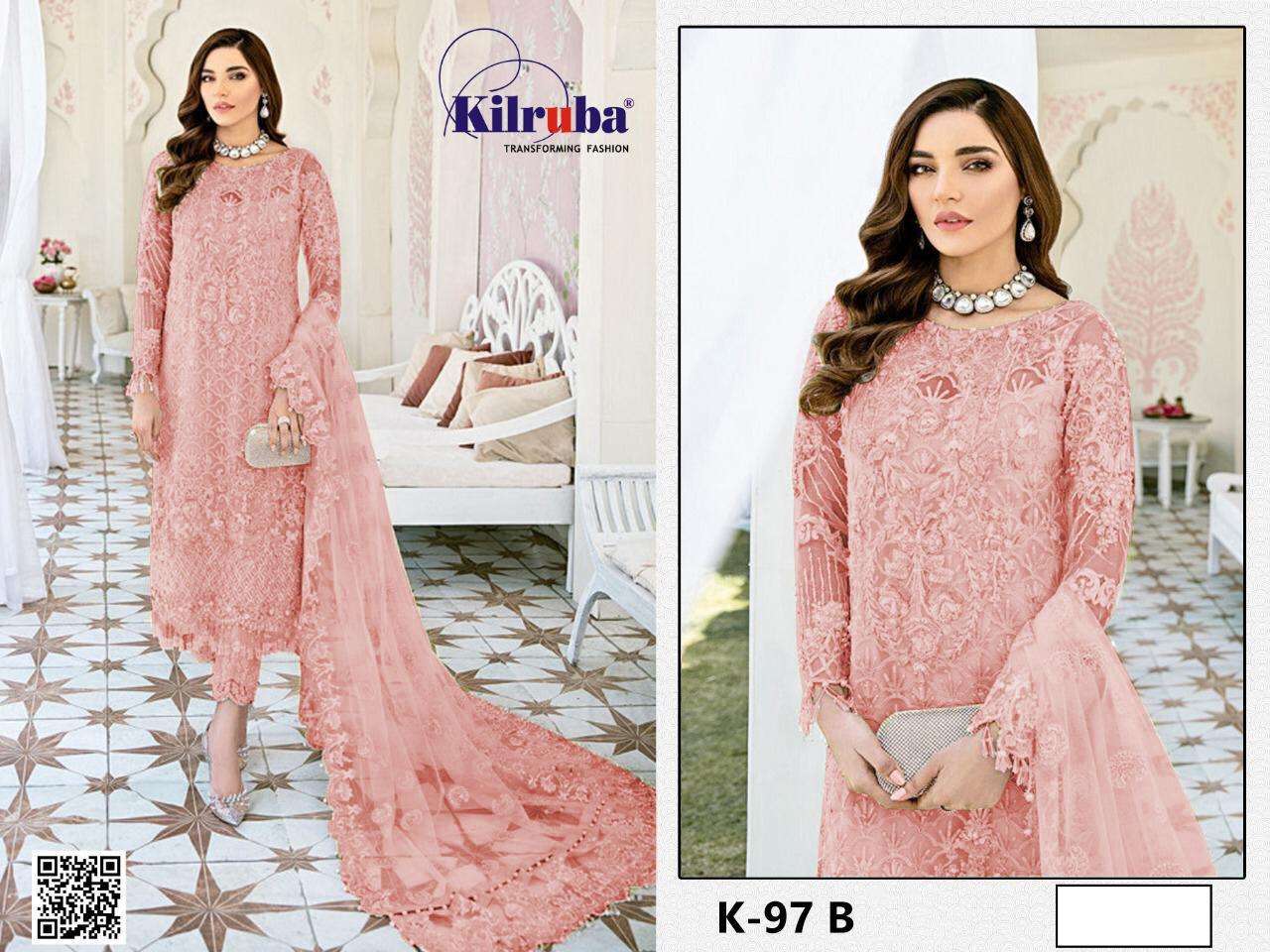 KILRUBA HIT DESIGN K-97 NEW COLOURS BY KILRUBA K-97B TO K-97C SERIES PAKISTANI DESIGNER SUITS COLLECTION BEAUTIFUL STYLISH FANCY COLORFUL PARTY WEAR & OCCASIONAL WEAR GEORGETTE EMBROIDERY DRESSES AT WHOLESALE PRICE