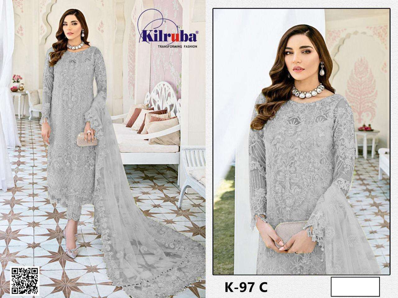 KILRUBA HIT DESIGN K-97 NEW COLOURS BY KILRUBA K-97B TO K-97C SERIES PAKISTANI DESIGNER SUITS COLLECTION BEAUTIFUL STYLISH FANCY COLORFUL PARTY WEAR & OCCASIONAL WEAR GEORGETTE EMBROIDERY DRESSES AT WHOLESALE PRICE