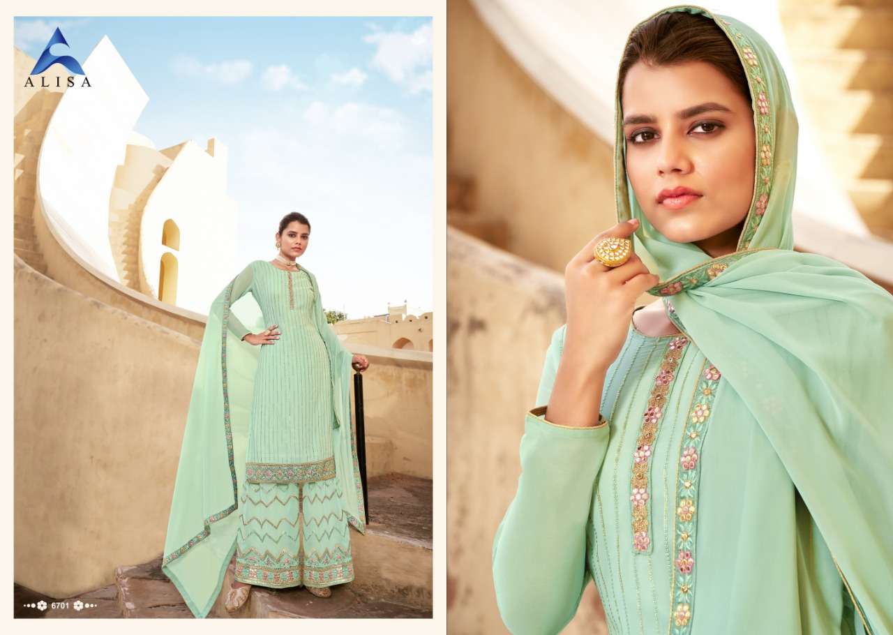 SATRANGI SARARA BY ALISA 6701 TO 6704 SERIES BEAUTIFUL STYLISH SHARARA SUITS FANCY COLORFUL CASUAL WEAR & ETHNIC WEAR & READY TO WEAR HEAVY FAUX GEORGETTE EMBROIDERED DRESSES AT WHOLESALE PRICE
