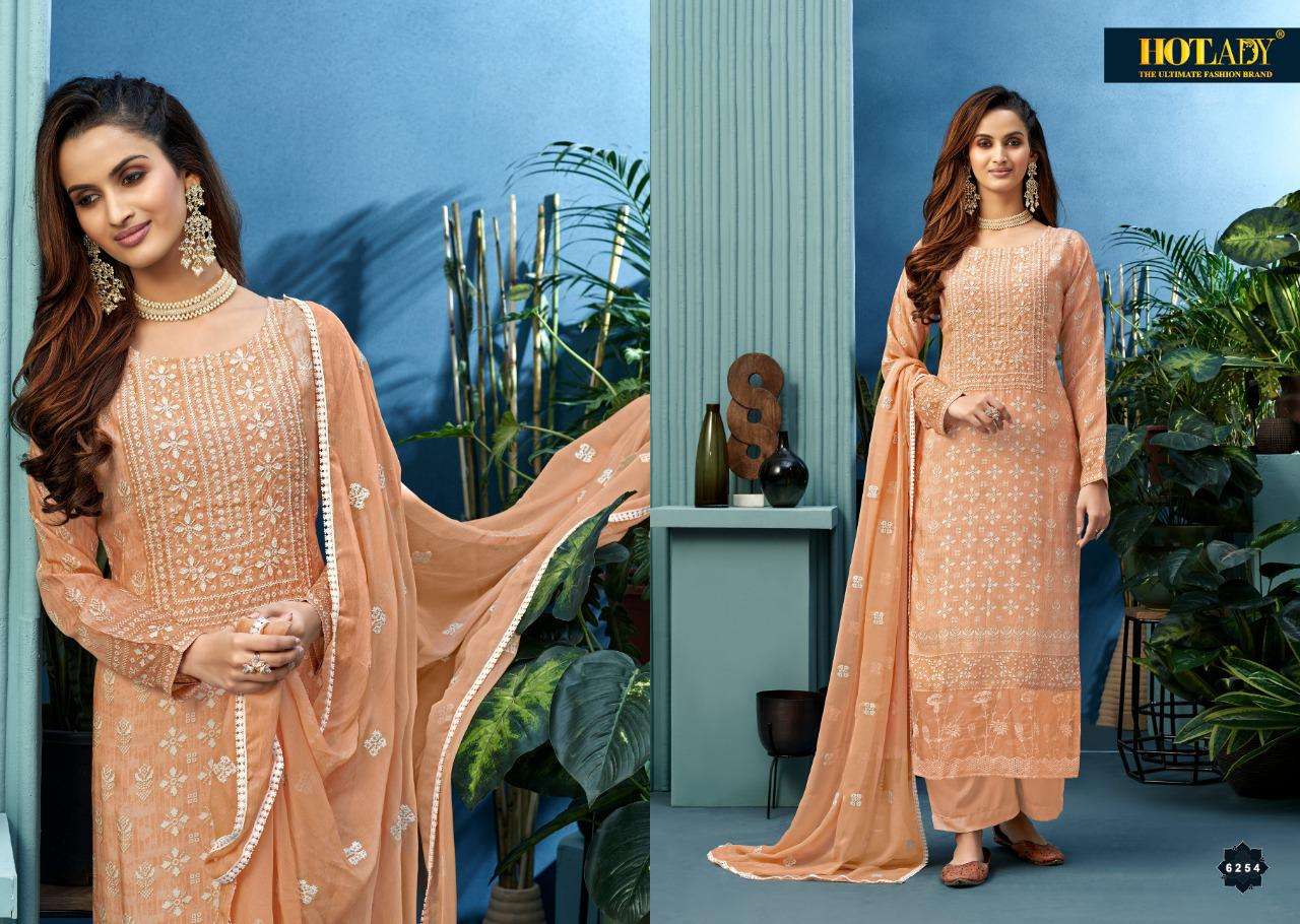 NEESHEE BY HOT LADY 6251 TO 6256 SERIES BEAUTIFUL SUITS COLORFUL STYLISH FANCY CASUAL WEAR & ETHNIC WEAR PURE MUSLIN DIGITAL PRINT WITH KHATLI WORK DRESSES AT WHOLESALE PRICE