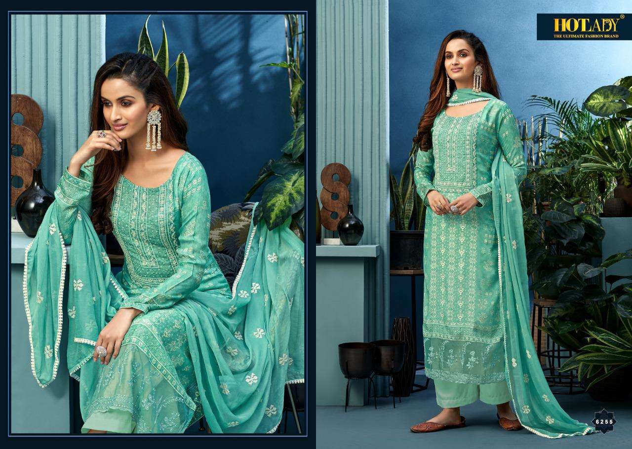 NEESHEE BY HOT LADY 6251 TO 6256 SERIES BEAUTIFUL SUITS COLORFUL STYLISH FANCY CASUAL WEAR & ETHNIC WEAR PURE MUSLIN DIGITAL PRINT WITH KHATLI WORK DRESSES AT WHOLESALE PRICE