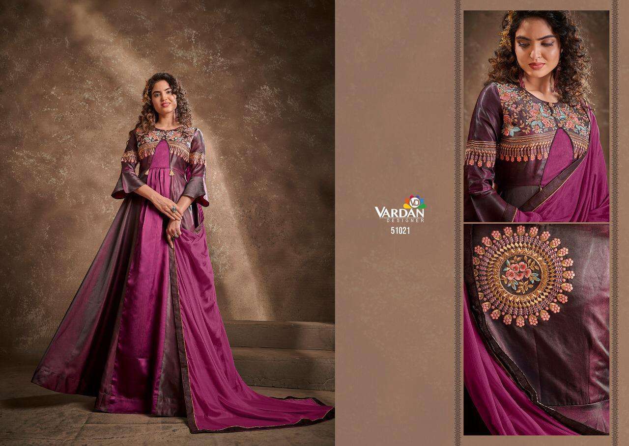 Apsara Vol-1 By Vardan Designer 51021 To 51024 Series Designer Stylish Fancy Colorful Beautiful Party Wear & Ethnic Wear Collection Triva Silk Embroidery Gowns With Dupatta At Wholesale Price
