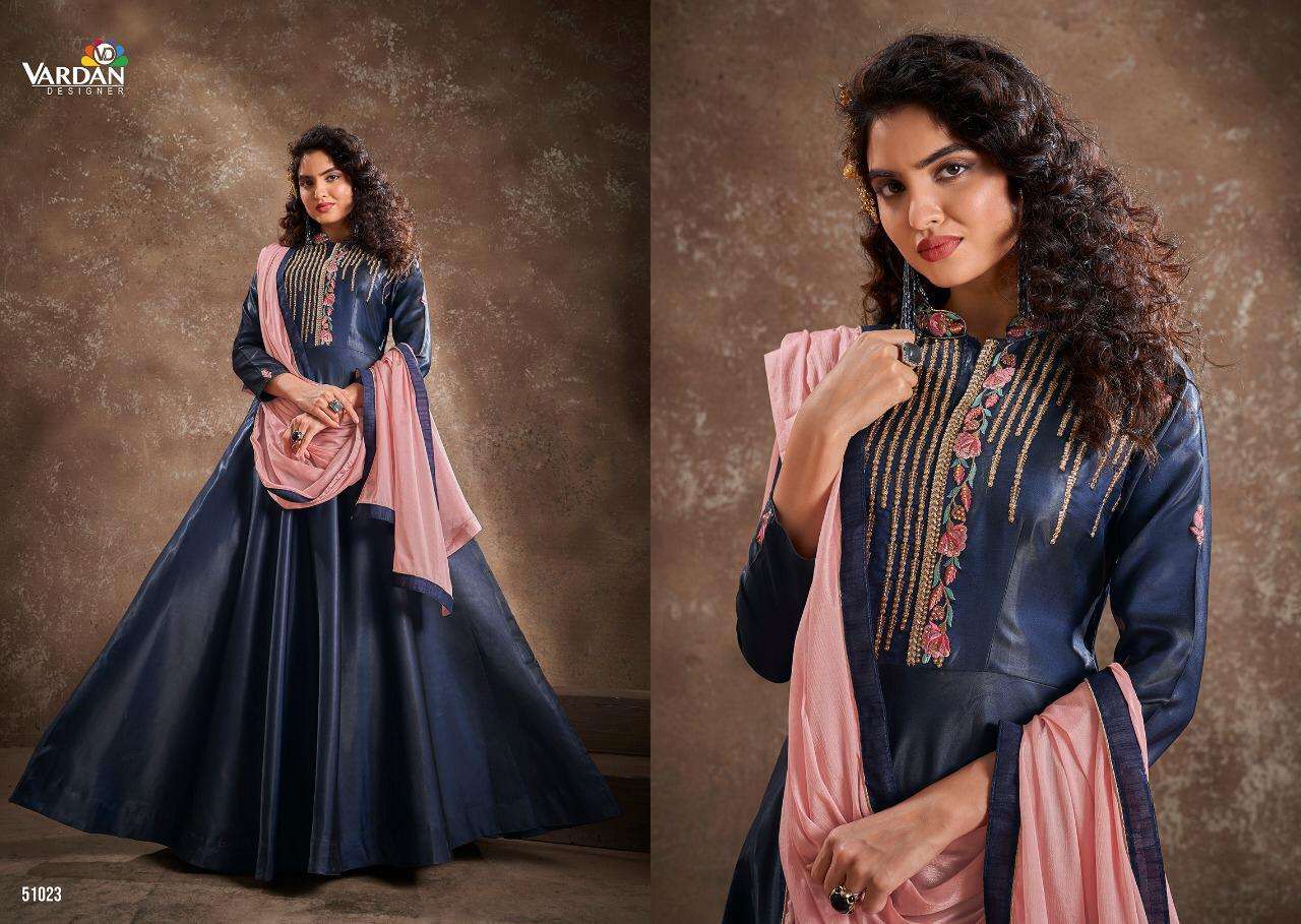Apsara Vol-1 By Vardan Designer 51021 To 51024 Series Designer Stylish Fancy Colorful Beautiful Party Wear & Ethnic Wear Collection Triva Silk Embroidery Gowns With Dupatta At Wholesale Price