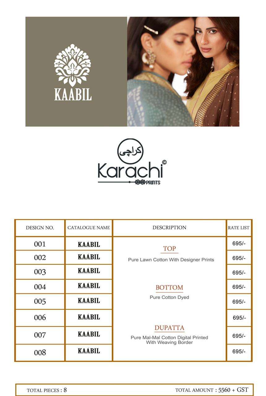 KAABIL BY KARACHI PRINTS 001 TO 008 SERIES BEAUTIFUL STYLISH SUITS FANCY COLORFUL CASUAL WEAR & ETHNIC WEAR & READY TO WEAR SUPERIOR COTTON LAWN DRESSES AT WHOLESALE PRICE