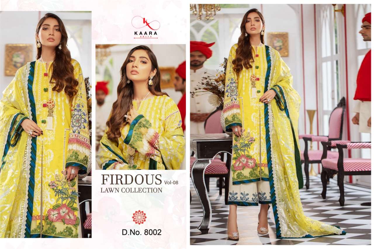 FIRDOUS LAWN COLLECTION VOL-8 BY KAARA SUITS 8001 TO 8006 SERIES BEAUTIFUL SUITS STYLISH FANCY COLORFUL PARTY WEAR & OCCASIONAL WEAR PURE COTTON PRINT WITH EMBROIDERY DRESSES AT WHOLESALE PRICE