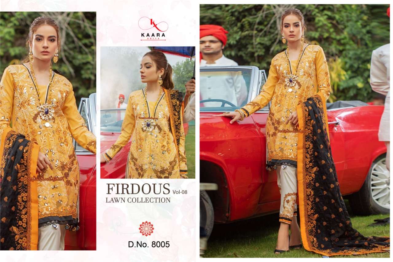 FIRDOUS LAWN COLLECTION VOL-8 BY KAARA SUITS 8001 TO 8006 SERIES BEAUTIFUL SUITS STYLISH FANCY COLORFUL PARTY WEAR & OCCASIONAL WEAR PURE COTTON PRINT WITH EMBROIDERY DRESSES AT WHOLESALE PRICE