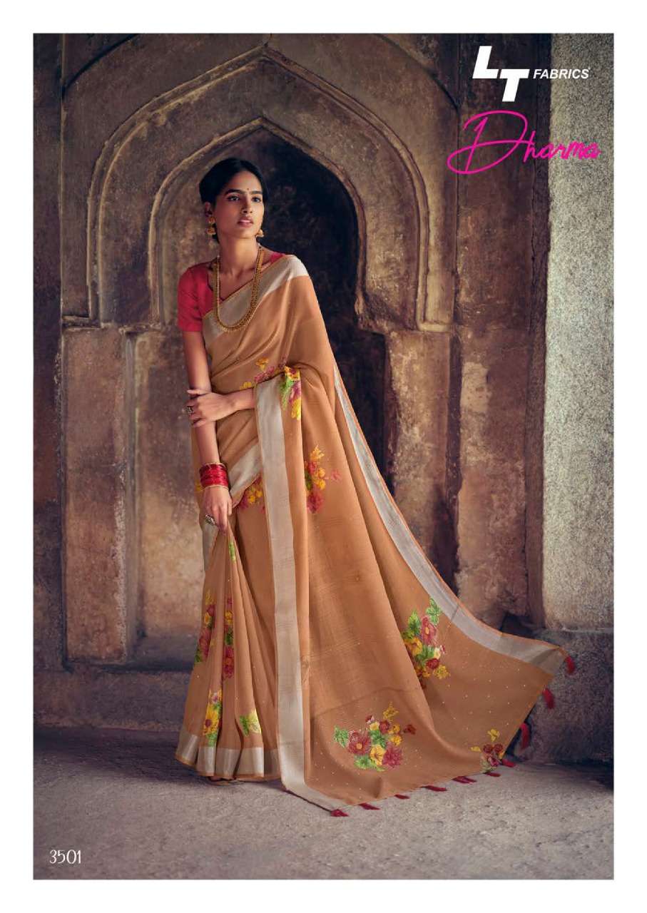 DHARMA BY LT FABRICS 3501 TO 3510 SERIES INDIAN TRADITIONAL WEAR COLLECTION BEAUTIFUL STYLISH FANCY COLORFUL PARTY WEAR & OCCASIONAL WEAR SOFT LINEN PRINT SAREES AT WHOLESALE PRICE