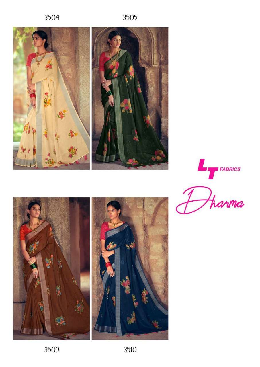 DHARMA BY LT FABRICS 3501 TO 3510 SERIES INDIAN TRADITIONAL WEAR COLLECTION BEAUTIFUL STYLISH FANCY COLORFUL PARTY WEAR & OCCASIONAL WEAR SOFT LINEN PRINT SAREES AT WHOLESALE PRICE