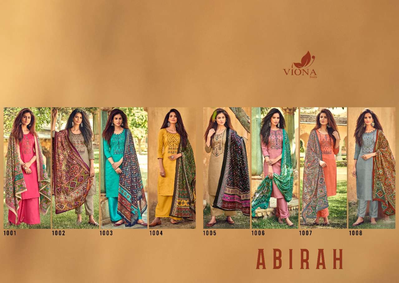 ABIRAH BY VIONA SUITS 1001 TO 1008 SERIES BEAUTIFUL SUITS COLORFUL STYLISH FANCY CASUAL WEAR & ETHNIC WEAR PURE JAM COTTON SATIN PRINT EMBROIDERED DRESSES AT WHOLESALE PRICE