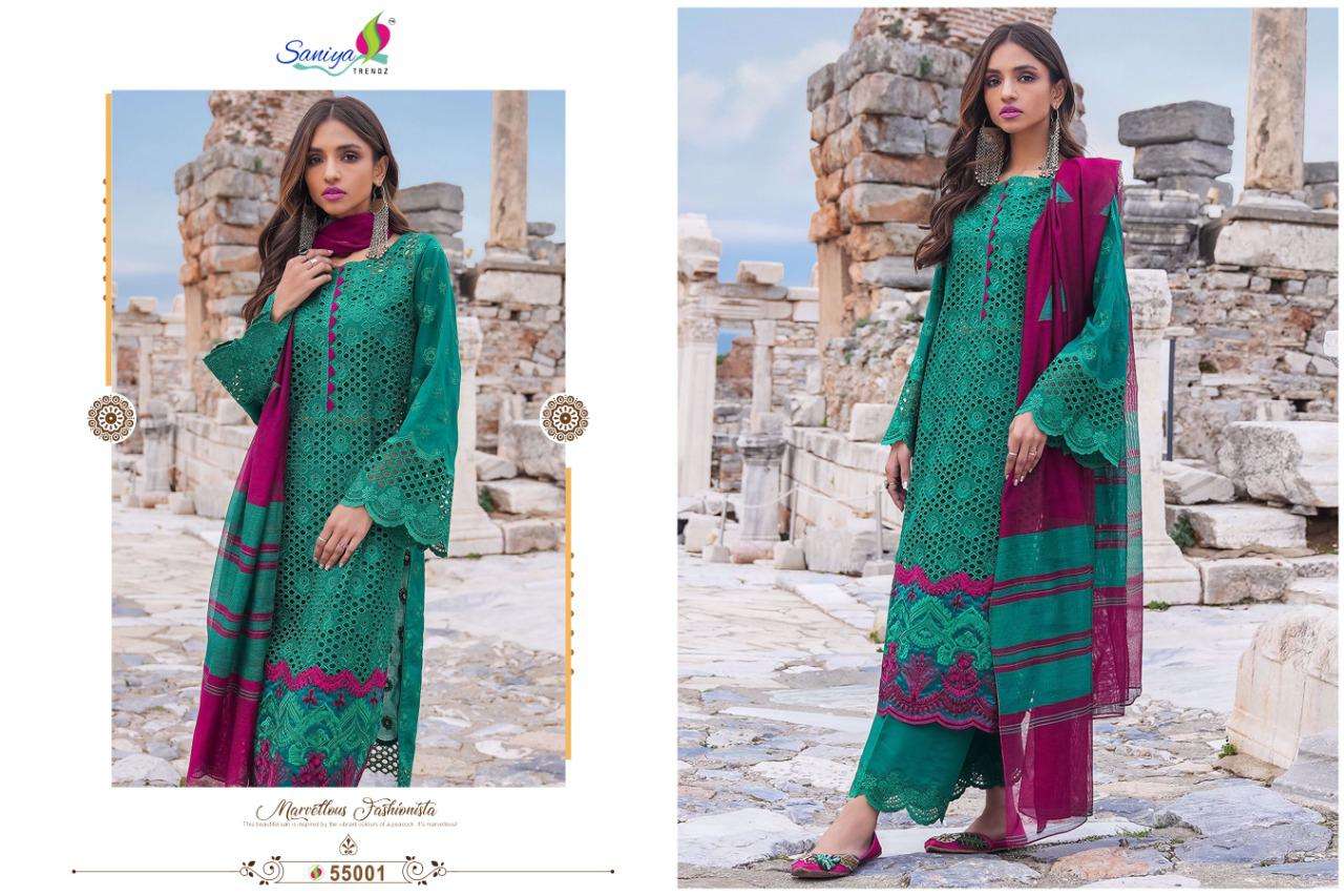 ZAINAB CHOTTANI VOL-1 BY SANIYA TRENDZ 55001 TO 55004 SERIES BEAUTIFUL SUITS STYLISH COLORFUL FANCY CASUAL WEAR & ETHNIC WEAR CAMBRIC COTTON EMBROIDERED DRESSES AT WHOLESALE PRICE