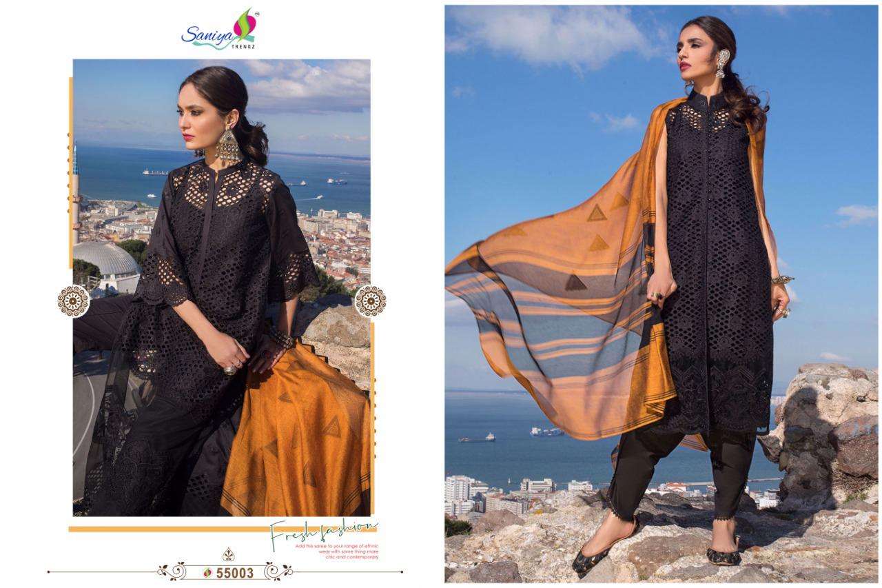 ZAINAB CHOTTANI VOL-1 BY SANIYA TRENDZ 55001 TO 55004 SERIES BEAUTIFUL SUITS STYLISH COLORFUL FANCY CASUAL WEAR & ETHNIC WEAR CAMBRIC COTTON EMBROIDERED DRESSES AT WHOLESALE PRICE