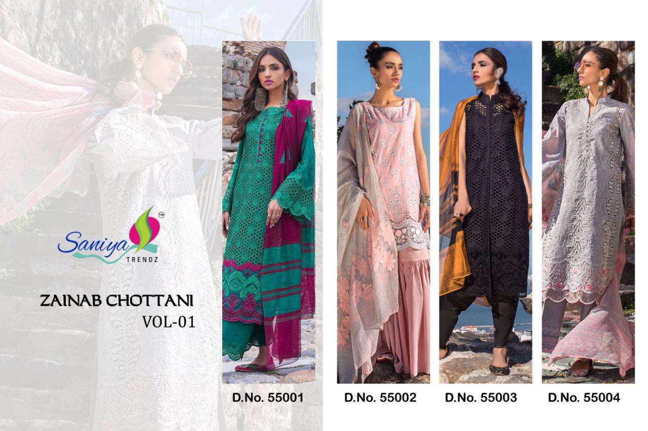 ZAINAB CHOTTANI VOL-1 BY SANIYA TRENDZ 55001 TO 55004 SERIES BEAUTIFUL SUITS STYLISH COLORFUL FANCY CASUAL WEAR & ETHNIC WEAR CAMBRIC COTTON EMBROIDERED DRESSES AT WHOLESALE PRICE