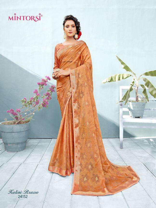 KALINI BRASSO BY MINTORSI 24151 TO 24158 SERIES INDIAN TRADITIONAL WEAR COLLECTION BEAUTIFUL STYLISH FANCY COLORFUL PARTY WEAR & OCCASIONAL WEAR CHIFFON BRASSO SAREES AT WHOLESALE PRICE