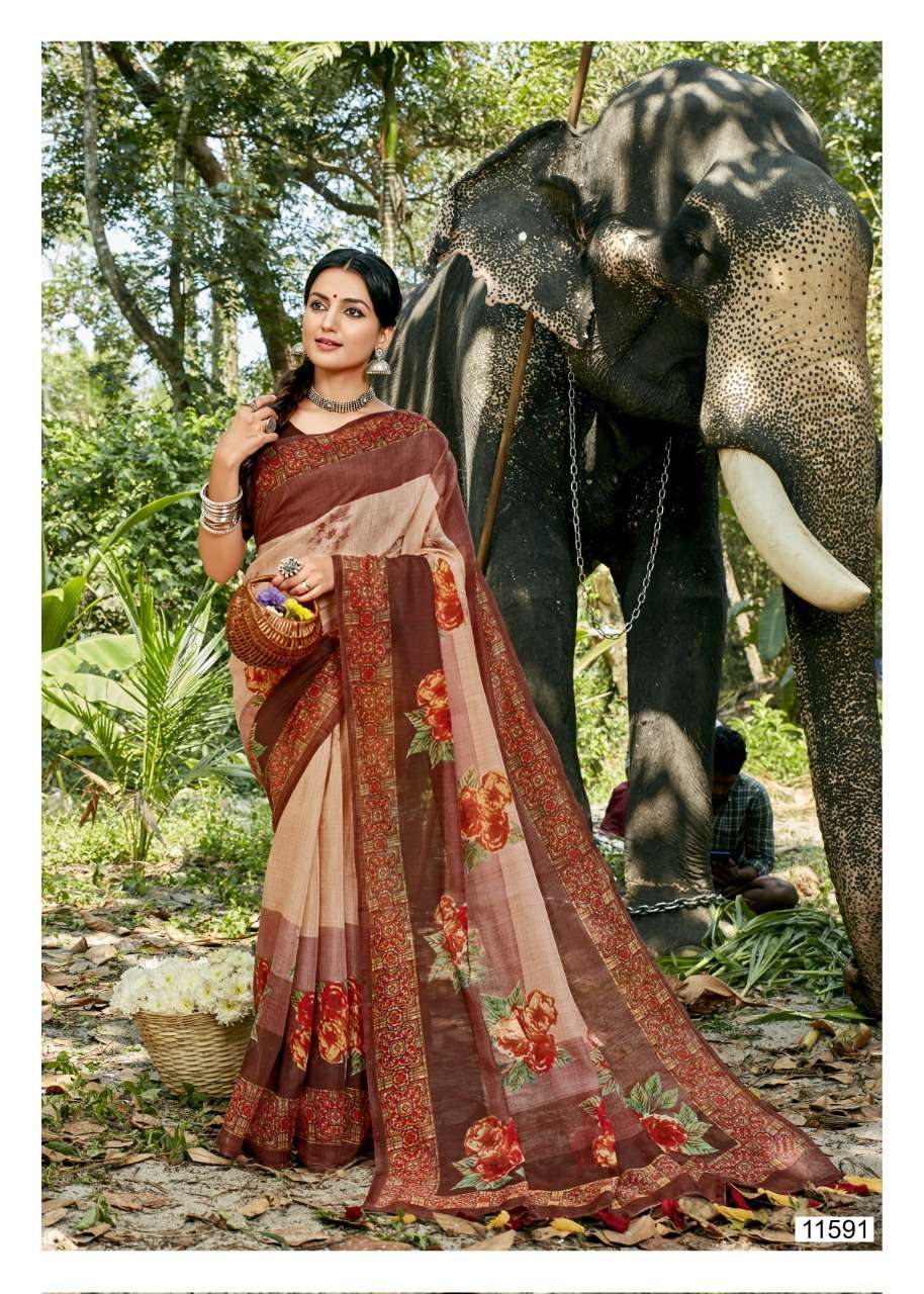 COCKTAIL BY TRIVENI 11591 TO 11598 SERIES INDIAN TRADITIONAL WEAR COLLECTION BEAUTIFUL STYLISH FANCY COLORFUL PARTY WEAR & OCCASIONAL WEAR LINEN PRINT SAREES AT WHOLESALE PRICE