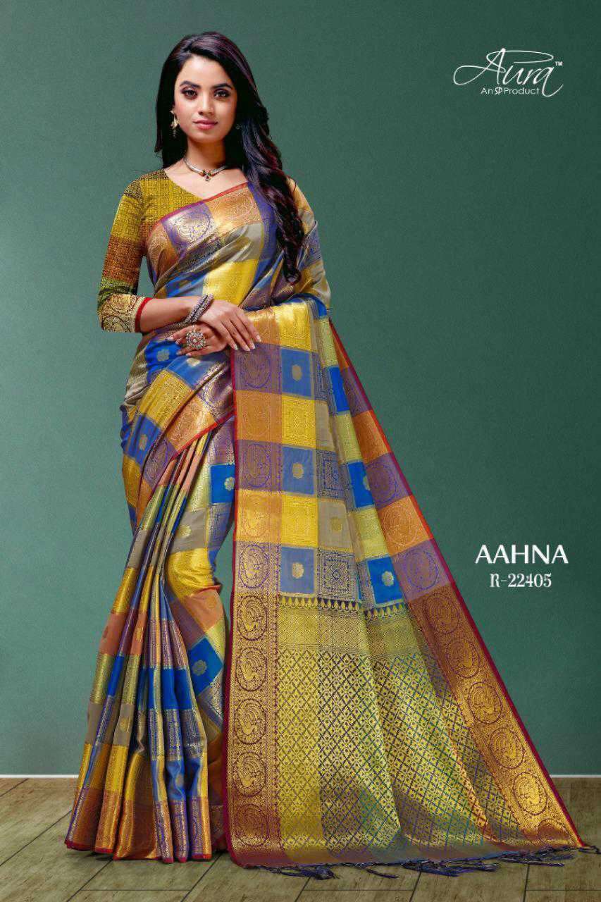 AAHNA BY AURA 22401 TO 22409 SERIES INDIAN TRADITIONAL WEAR COLLECTION BEAUTIFUL STYLISH FANCY COLORFUL PARTY WEAR & OCCASIONAL WEAR SOFT SILK SAREES AT WHOLESALE PRICE