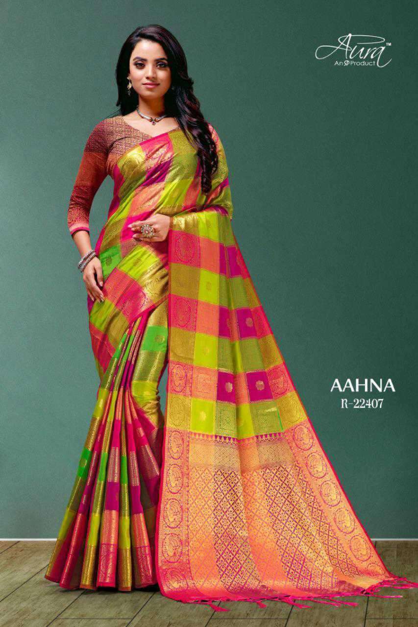 AAHNA BY AURA 22401 TO 22409 SERIES INDIAN TRADITIONAL WEAR COLLECTION BEAUTIFUL STYLISH FANCY COLORFUL PARTY WEAR & OCCASIONAL WEAR SOFT SILK SAREES AT WHOLESALE PRICE