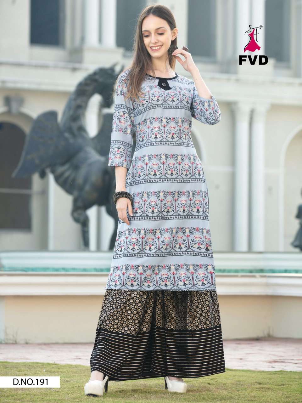 RIMZIM BY FVD 191 TO 196 SERIES DESIGNER STYLISH FANCY COLORFUL BEAUTIFUL PARTY WEAR & ETHNIC WEAR COLLECTION RAYON FOIL PRINT KURTIS WITH BOTTOM AT WHOLESALE PRICE