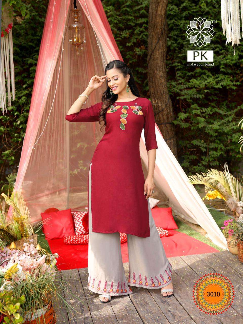 PLAZO CITY VOL-3 BY PK 3001 TO 3012 SERIES STYLISH FANCY BEAUTIFUL COLORFUL CASUAL WEAR & ETHNIC WEAR RAYON EMBROIDERED KURTIS WITH BOTTOM AT WHOLESALE PRICE