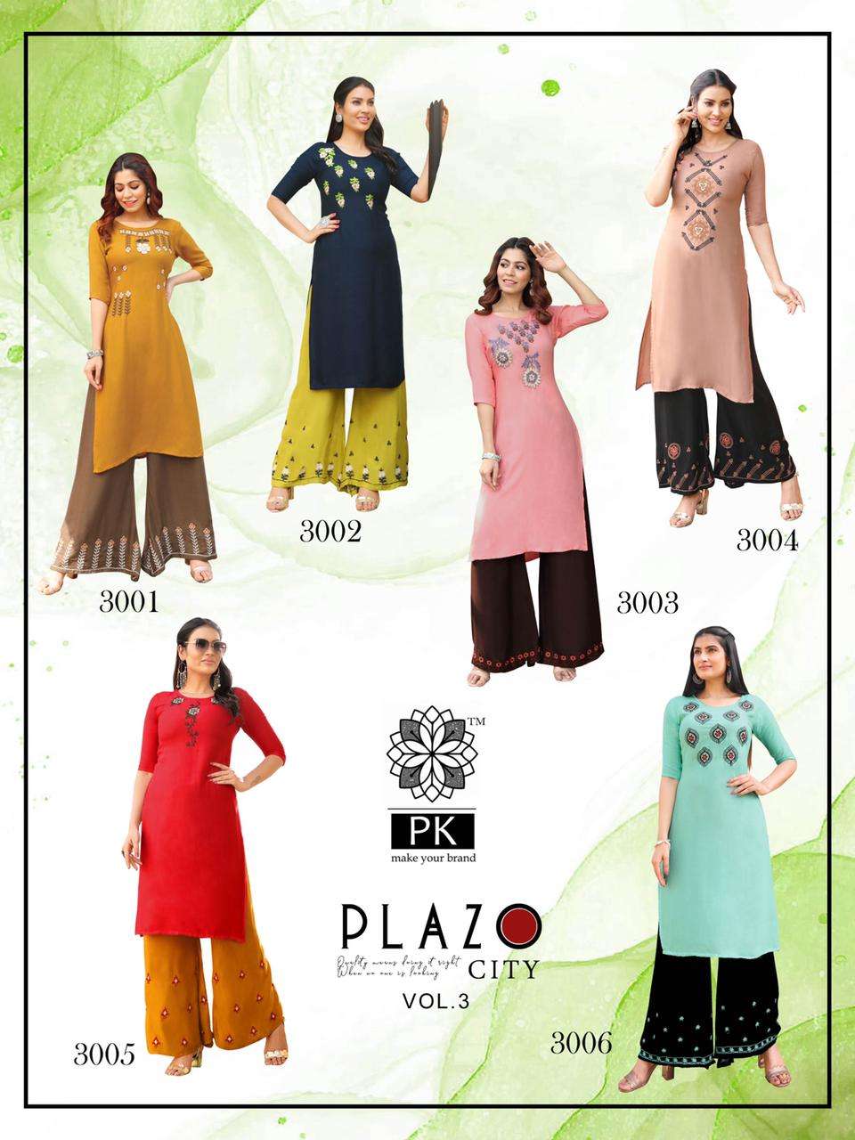 PLAZO CITY VOL-3 BY PK 3001 TO 3012 SERIES STYLISH FANCY BEAUTIFUL COLORFUL CASUAL WEAR & ETHNIC WEAR RAYON EMBROIDERED KURTIS WITH BOTTOM AT WHOLESALE PRICE