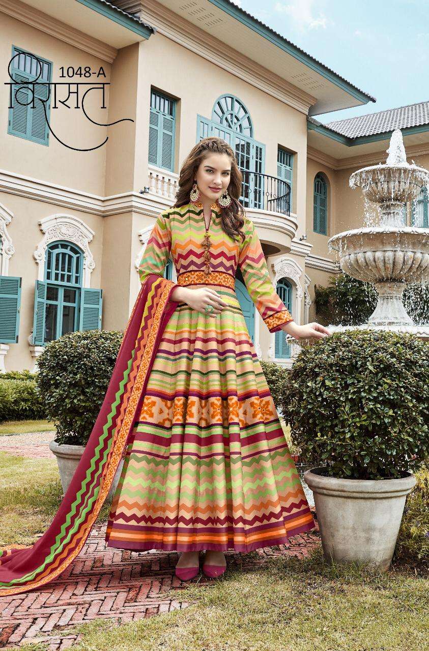 VIRASAT 1048 COLOURS BY VIRASAT 1048-A TO 1048-C SERIES DESIGNER STYLISH FANCY COLORFUL BEAUTIFUL PARTY WEAR & ETHNIC WEAR COLLECTION KILLER SILK GOWNS AT WHOLESALE PRICE