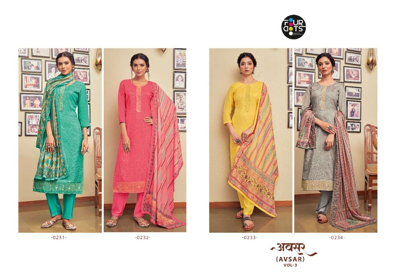 AVSAR VOL-3 BY FOUR DOTS 0231 TO 0234 SERIES INDIAN TRADITIONAL WEAR COLLECTION BEAUTIFUL STYLISH FANCY COLORFUL PARTY WEAR & OCCASIONAL WEAR PURE VISCOSE UPADA SILK DIGITAL PRINT DRESSES AT WHOLESALE PRICE