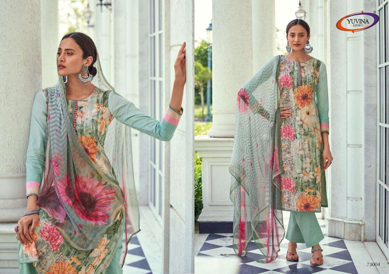 SUMMER LEAF BY YUVINA EXPORT 73001 TO 73008 SERIES BEAUTIFUL PATIYALA SUITS STYLISH FANCY COLORFUL PARTY WEAR & OCCASIONAL WEAR PURE LAWN DIGITAL PRINT DRESSES AT WHOLESALE PRICE