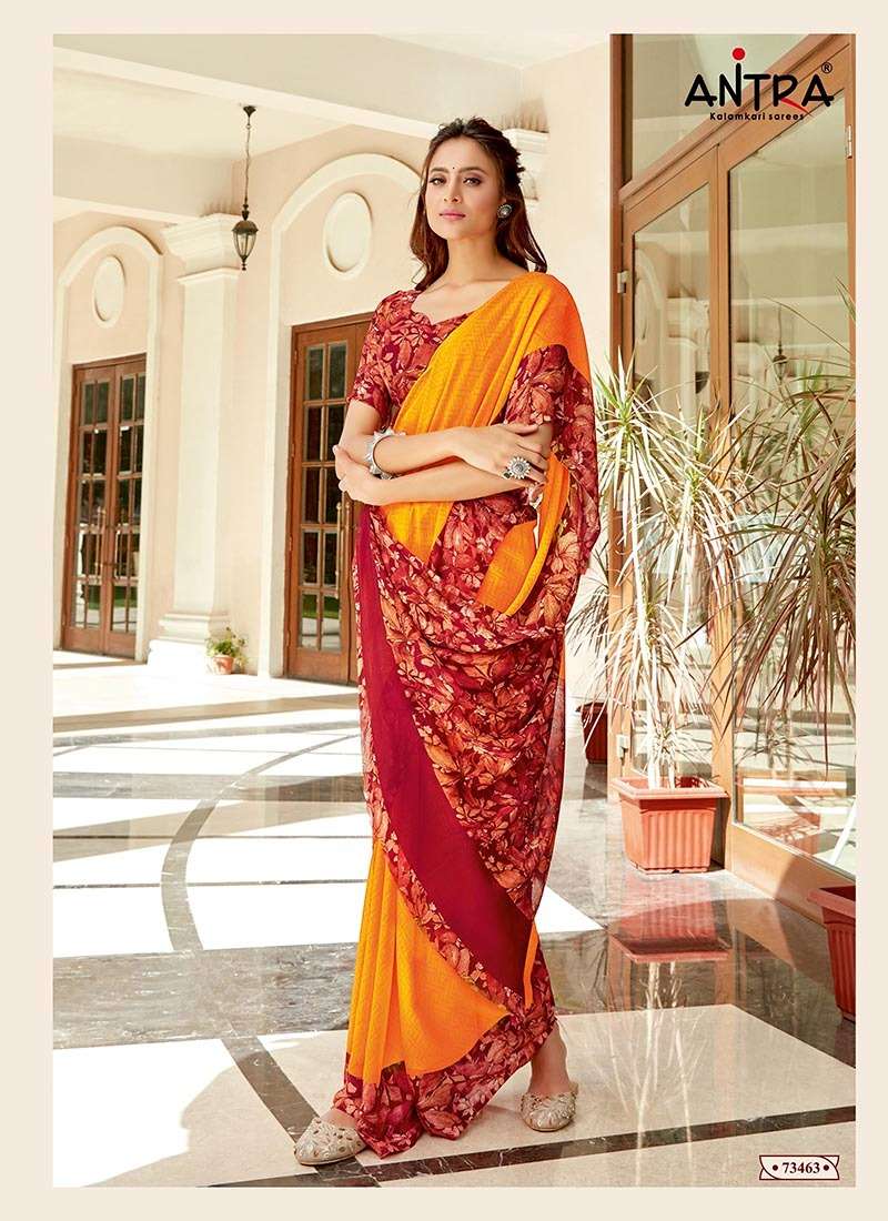 CRAZY GIRL BY ANTRA 73461 TO 73470 SERIES INDIAN TRADITIONAL WEAR COLLECTION BEAUTIFUL STYLISH FANCY COLORFUL PARTY WEAR & OCCASIONAL WEAR MOSS CHIFFON SAREES AT WHOLESALE PRICE