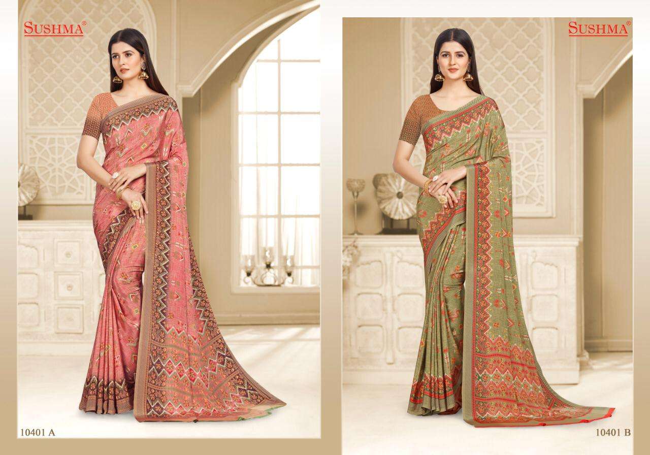 FASHIONABLE VOL-2 BY SUSHMA 10401-A TO 10406-B SERIES INDIAN TRADITIONAL WEAR COLLECTION BEAUTIFUL STYLISH FANCY COLORFUL PARTY WEAR & OCCASIONAL WEAR CREPE SAREES AT WHOLESALE PRICE