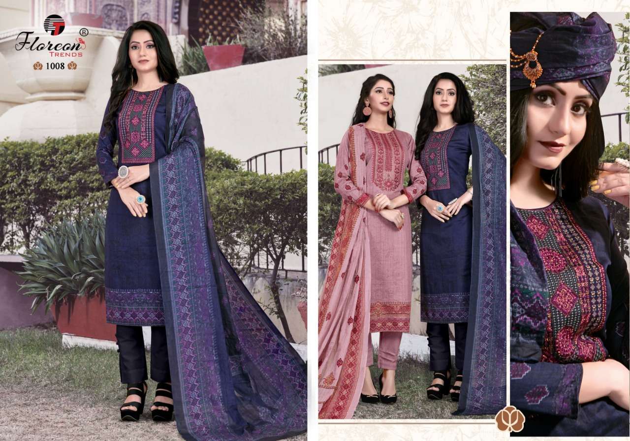 ALISHA BY FLOREON TRENDS 1001 TO 1008 SERIES BEAUTIFUL SUITS COLORFUL STYLISH FANCY CASUAL WEAR & ETHNIC WEAR GLACE COTTON SATIN PRINT EMBROIDERED DRESSES AT WHOLESALE PRICE
