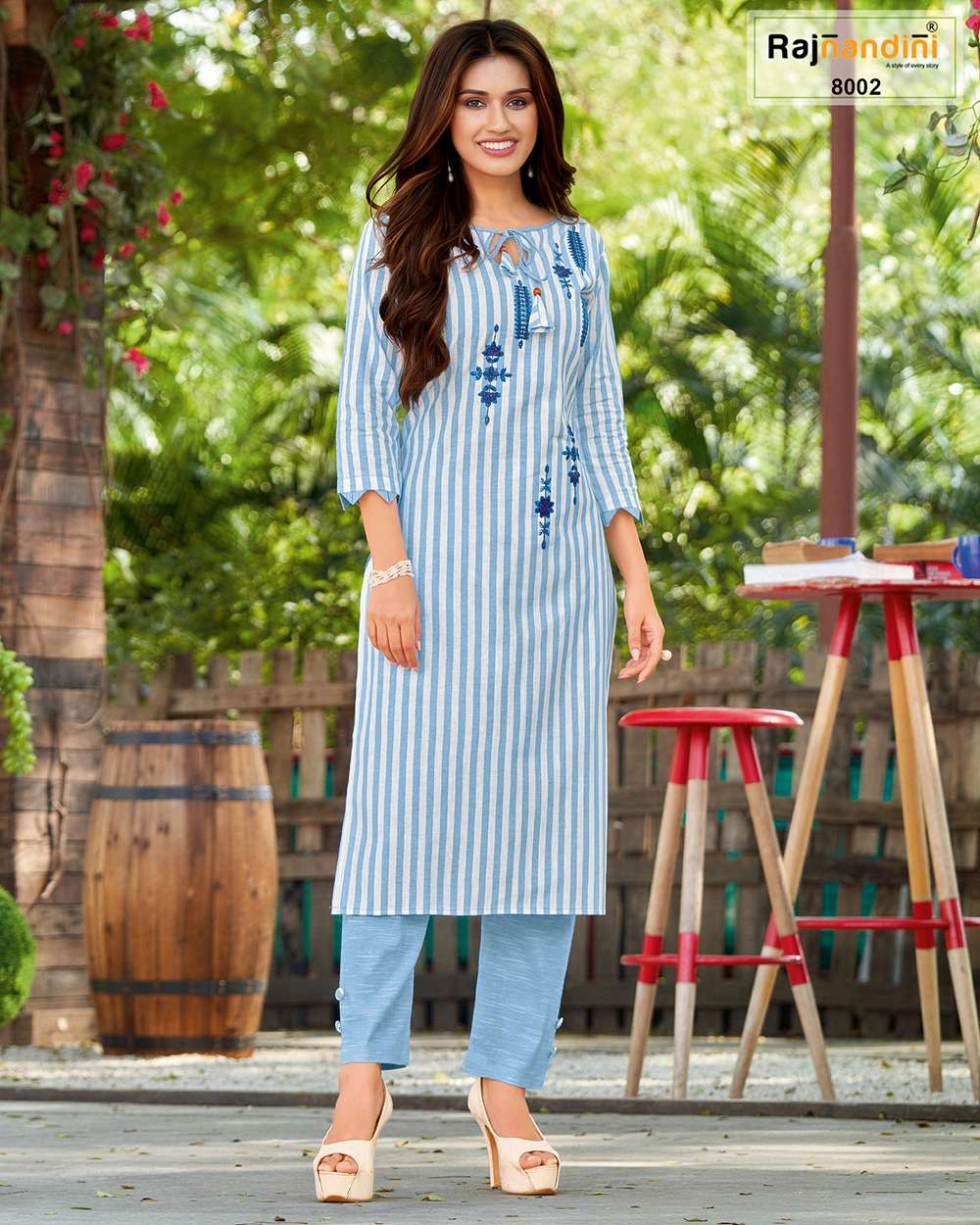 KURTA SET BY RAJNANDINI 8001 TO 8007 SERIES DESIGNER STYLISH FANCY COLORFUL BEAUTIFUL PARTY WEAR & ETHNIC WEAR COLLECTION COTTON STRIP EMBROIDERY KURTIS WITH BOTTOM AT WHOLESALE PRICE