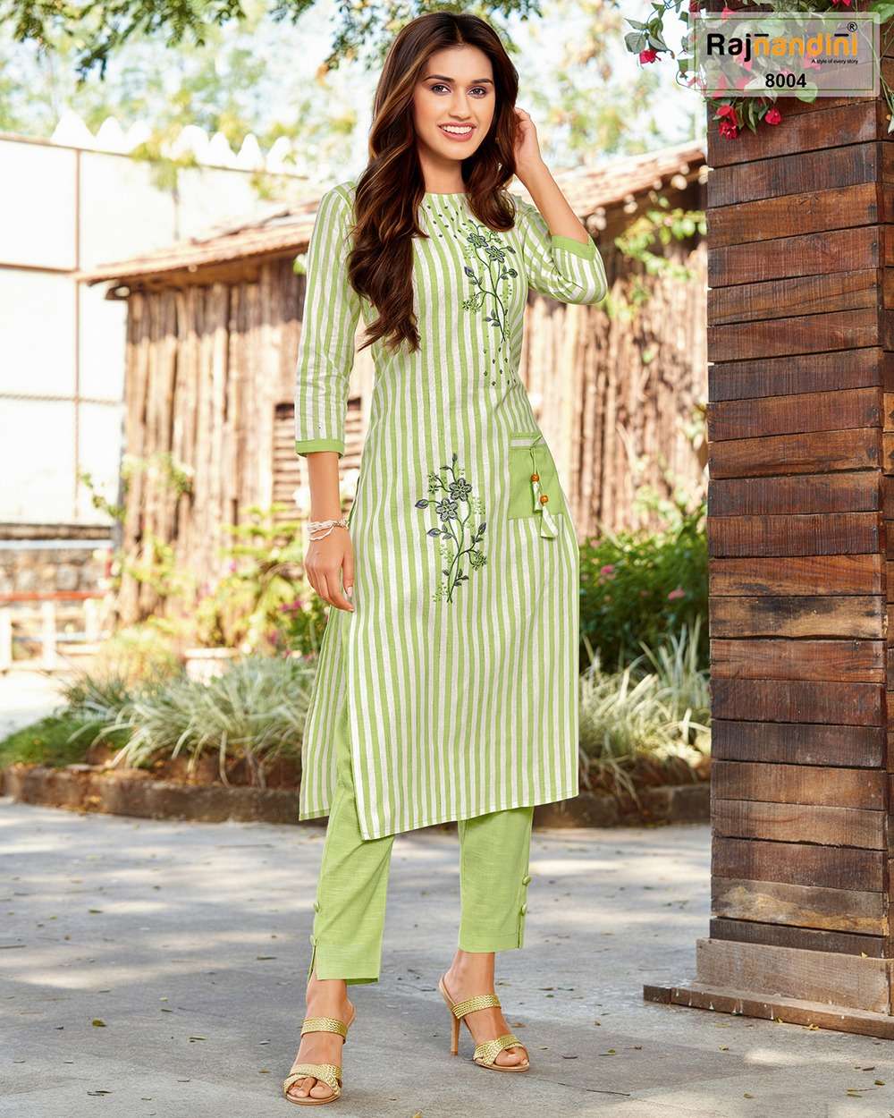 KURTA SET BY RAJNANDINI 8001 TO 8007 SERIES DESIGNER STYLISH FANCY COLORFUL BEAUTIFUL PARTY WEAR & ETHNIC WEAR COLLECTION COTTON STRIP EMBROIDERY KURTIS WITH BOTTOM AT WHOLESALE PRICE