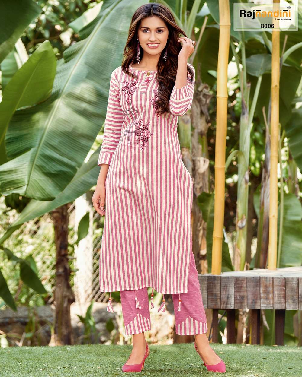 KURTA SET BY RAJNANDINI 8001 TO 8007 SERIES DESIGNER STYLISH FANCY COLORFUL BEAUTIFUL PARTY WEAR & ETHNIC WEAR COLLECTION COTTON STRIP EMBROIDERY KURTIS WITH BOTTOM AT WHOLESALE PRICE