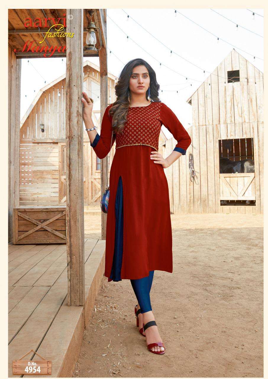 MANYA VOL-24 BY AARVI FASHION 4951 TO 4958 SERIES DESIGNER STYLISH FANCY COLORFUL BEAUTIFUL PARTY WEAR & ETHNIC WEAR COLLECTION FANCY KURTIS AT WHOLESALE PRICE