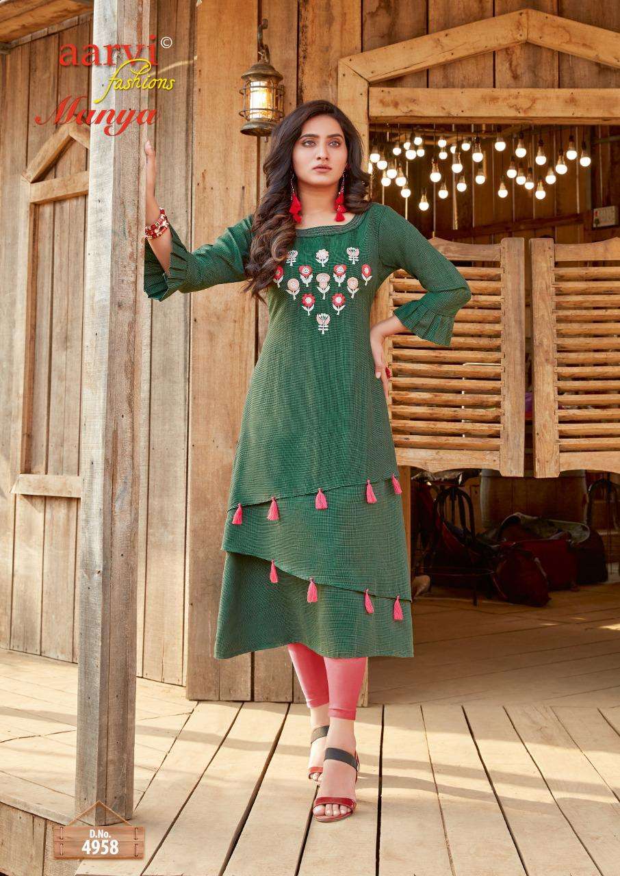 MANYA VOL-24 BY AARVI FASHION 4951 TO 4958 SERIES DESIGNER STYLISH FANCY COLORFUL BEAUTIFUL PARTY WEAR & ETHNIC WEAR COLLECTION FANCY KURTIS AT WHOLESALE PRICE