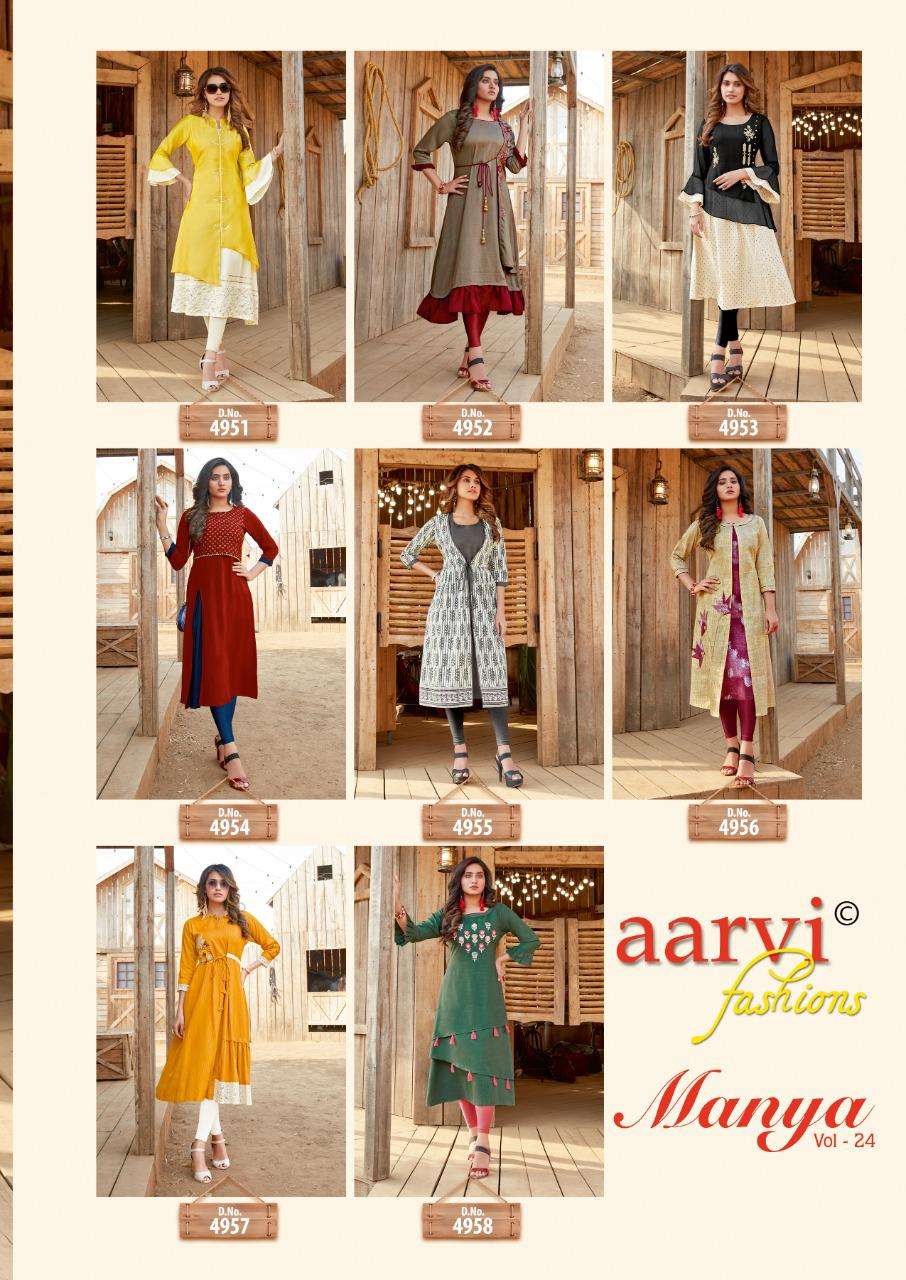 MANYA VOL-24 BY AARVI FASHION 4951 TO 4958 SERIES DESIGNER STYLISH FANCY COLORFUL BEAUTIFUL PARTY WEAR & ETHNIC WEAR COLLECTION FANCY KURTIS AT WHOLESALE PRICE