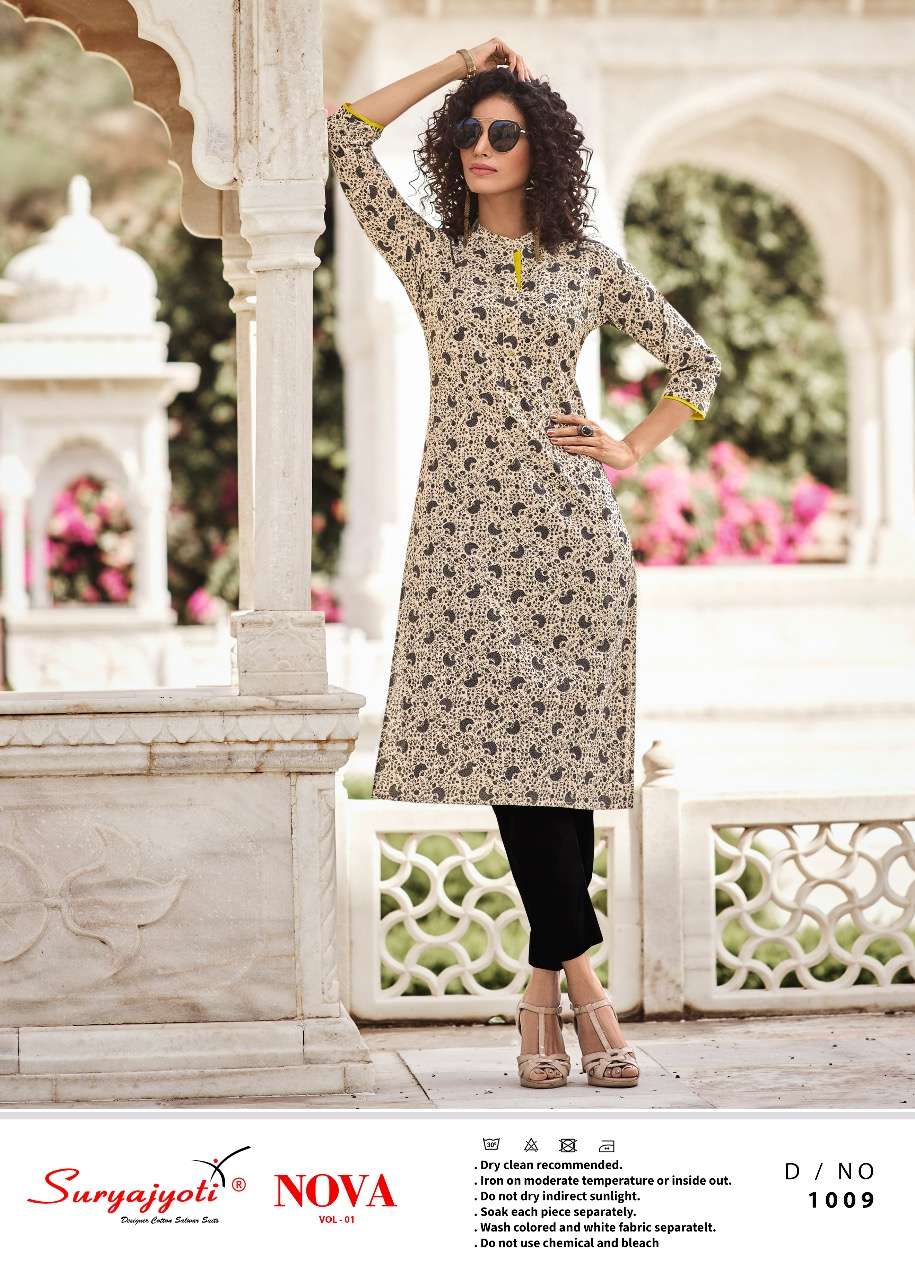 NOVA VOL-1 BY SURYAJYOTI 1001 TO 1010 SERIES DESIGNER STYLISH FANCY COLORFUL BEAUTIFUL PARTY WEAR & ETHNIC WEAR COLLECTION LAWN COTTON KURTIS AT WHOLESALE PRICE