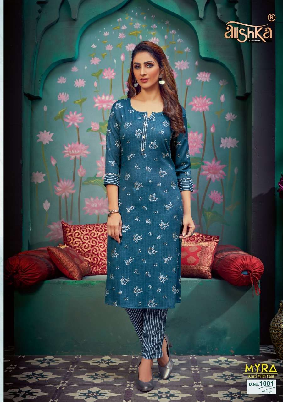 MYRA BY ALISHKA FASHION 1001 TO 1003 SERIES DESIGNER STYLISH COLORFUL FANCY BEAUTIFUL PARTY WEAR & ETHNIC WEAR RAYON PRINTED KURTIS AT WHOLESALE PRICE