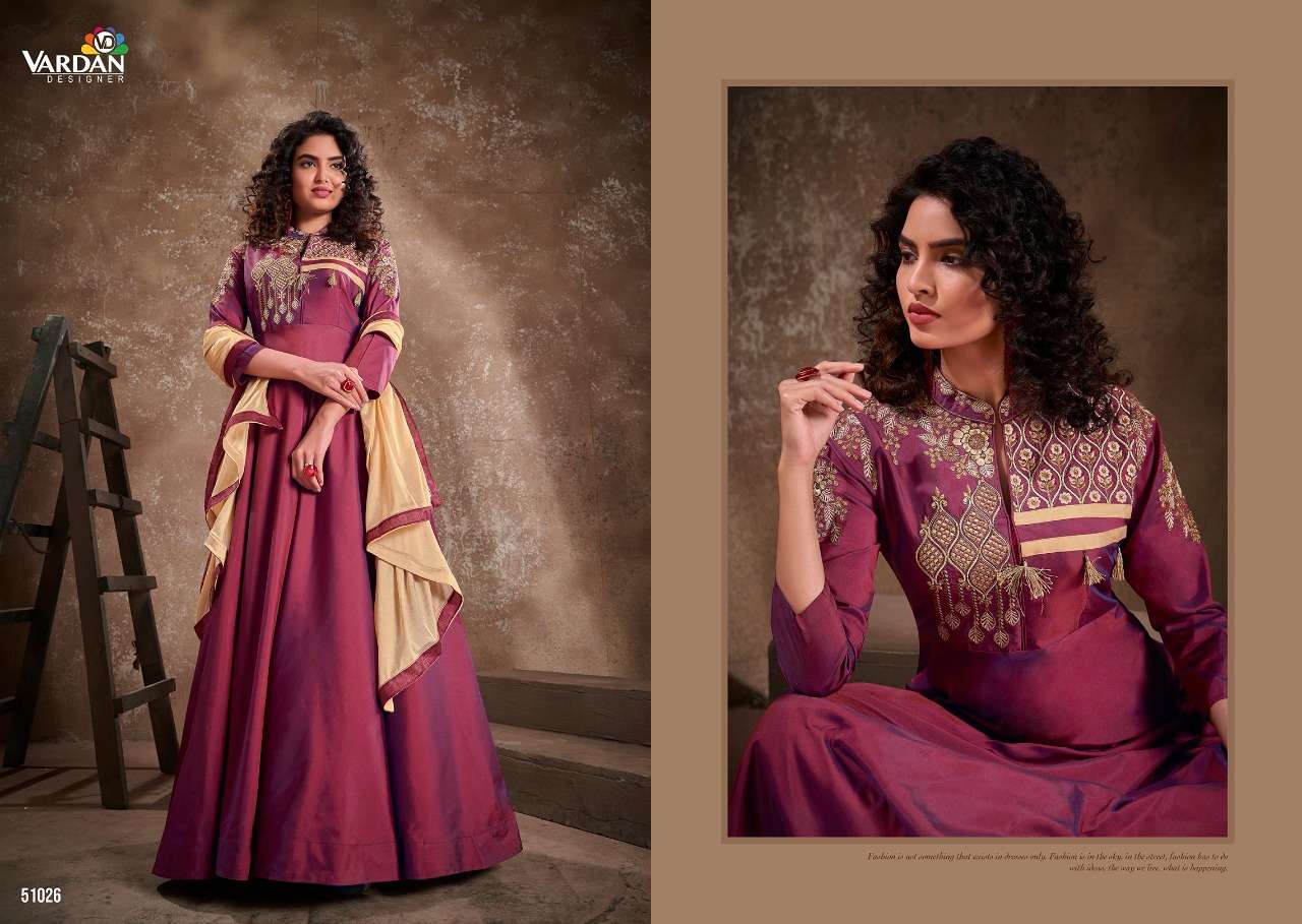 Apsara Vol-2 By Vardan Designer 51025 To 51030 Series Designer Stylish Fancy Colorful Beautiful Party Wear & Ethnic Wear Collection Triva Silk Embroidery Gowns With Dupatta At Wholesale Price