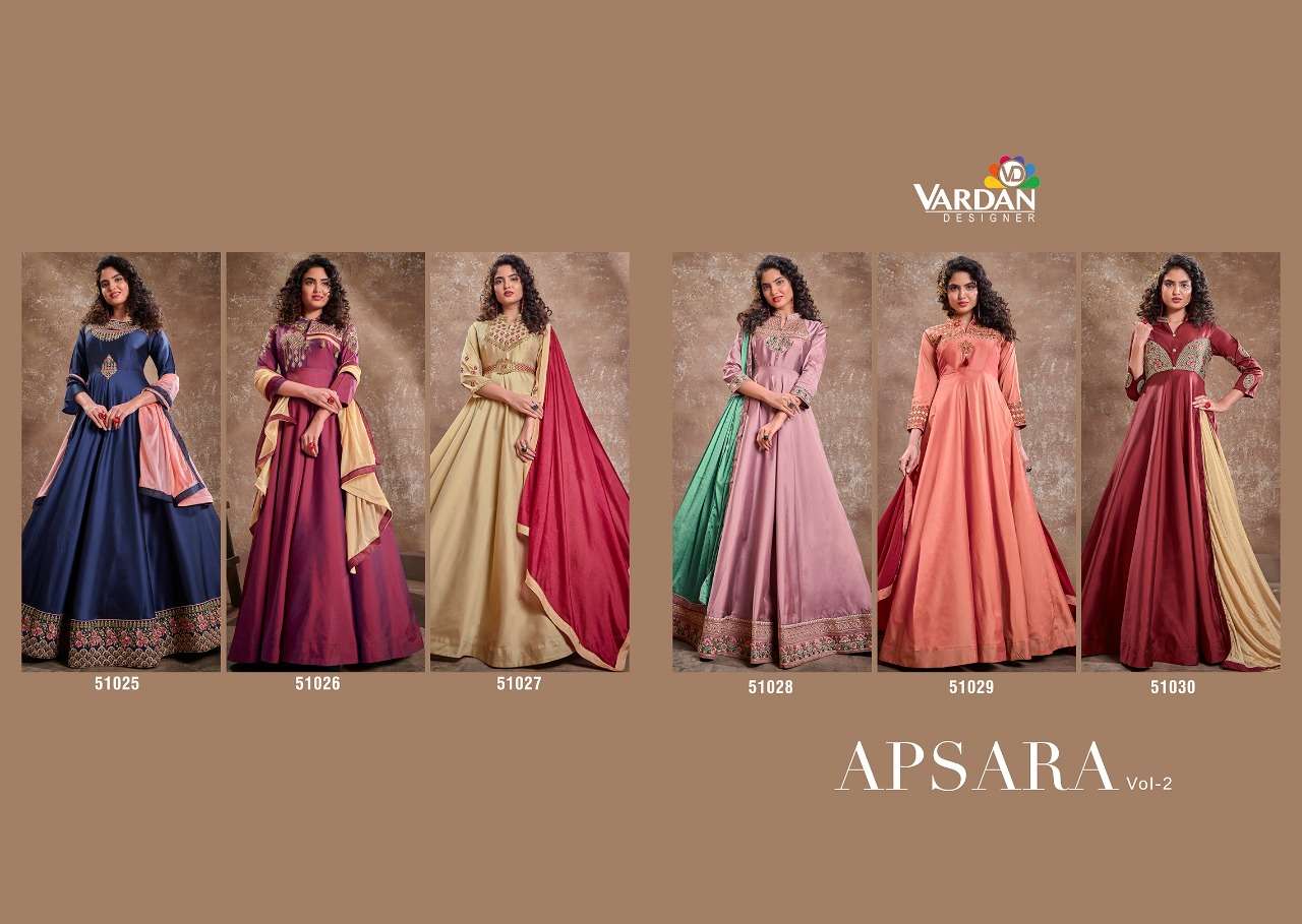 Apsara Vol-2 By Vardan Designer 51025 To 51030 Series Designer Stylish Fancy Colorful Beautiful Party Wear & Ethnic Wear Collection Triva Silk Embroidery Gowns With Dupatta At Wholesale Price