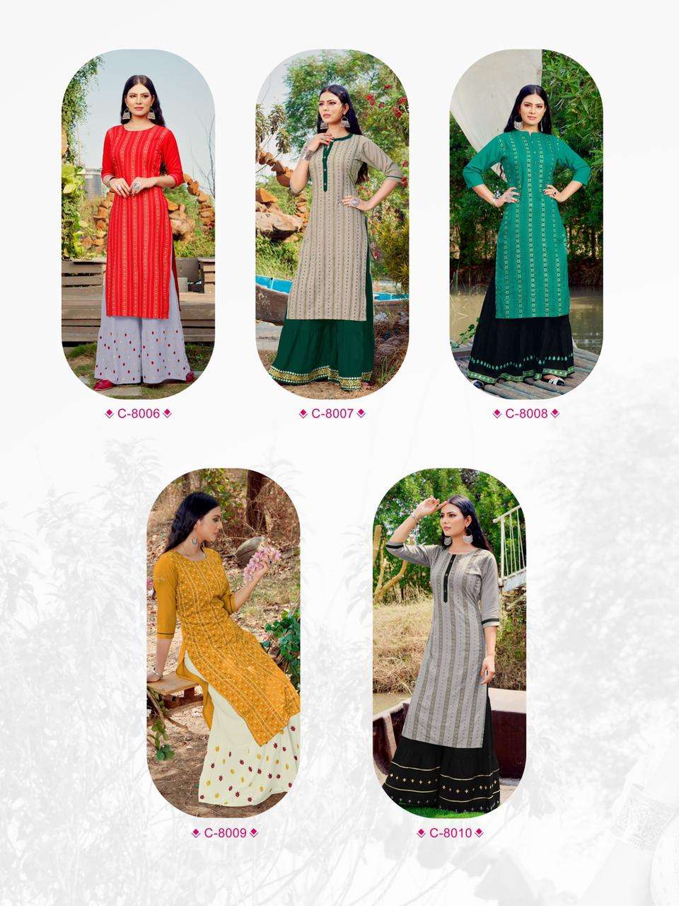 SURMAEE VOL-2 BY RT 8006 TO 8010 SERIES DESIGNER STYLISH FANCY COLORFUL BEAUTIFUL PARTY WEAR & ETHNIC WEAR COLLECTION RAYON FOIL PRINT KURTIS WITH BOTTOM AT WHOLESALE PRICE