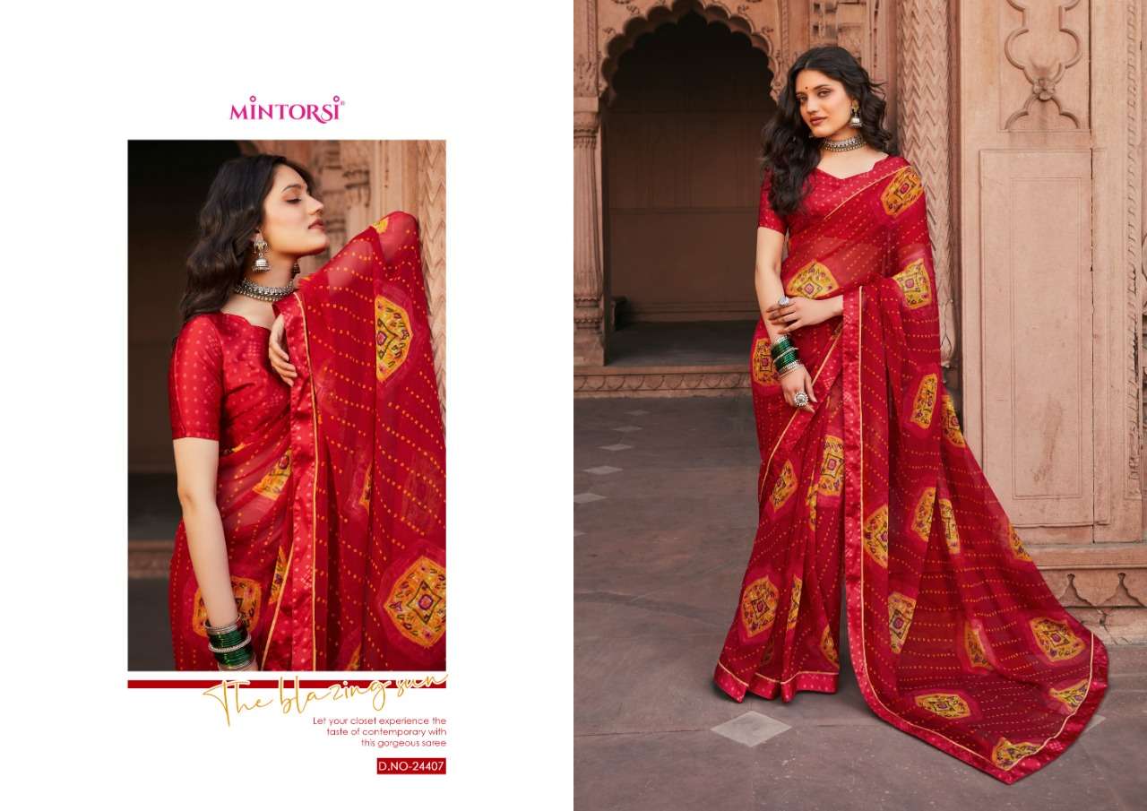 BANDHEJ BY MINTORSI 24401 TO 24410 SERIES INDIAN TRADITIONAL WEAR COLLECTION BEAUTIFUL STYLISH FANCY COLORFUL PARTY WEAR & OCCASIONAL WEAR GEORGETTE SAREES AT WHOLESALE PRICE