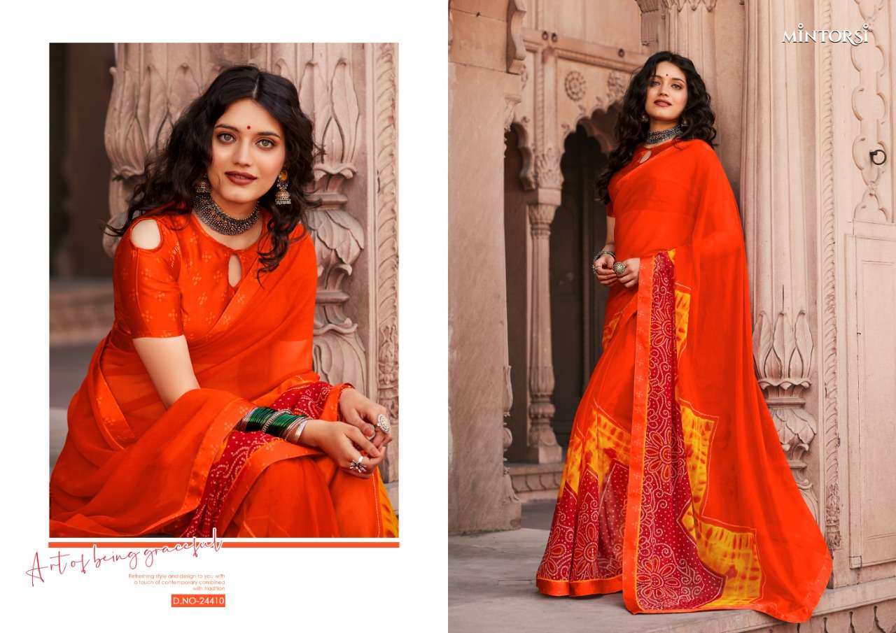 BANDHEJ BY MINTORSI 24401 TO 24410 SERIES INDIAN TRADITIONAL WEAR COLLECTION BEAUTIFUL STYLISH FANCY COLORFUL PARTY WEAR & OCCASIONAL WEAR GEORGETTE SAREES AT WHOLESALE PRICE